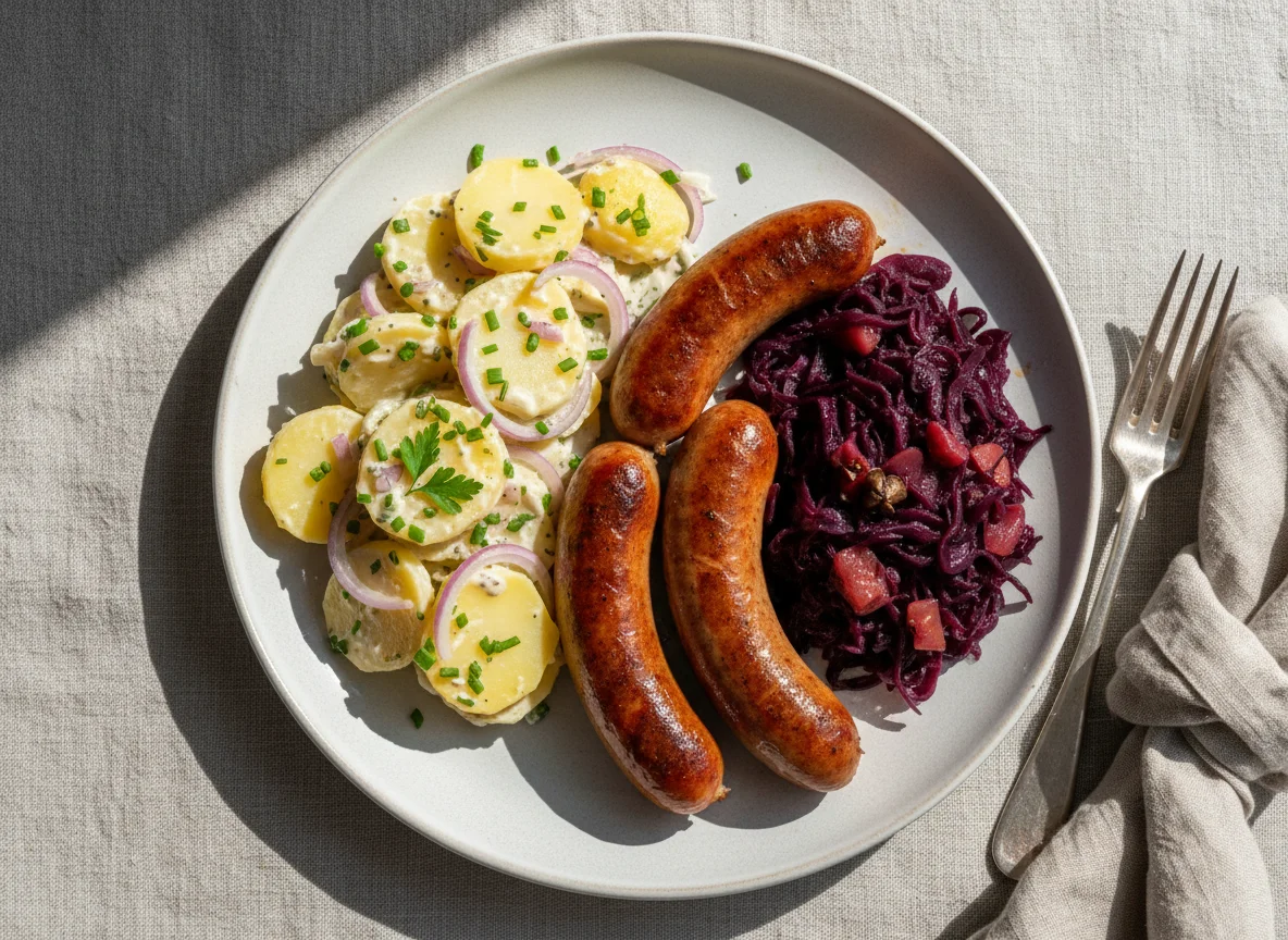 Bratwurst mit Kartoffelsalat und Rotkohl photo