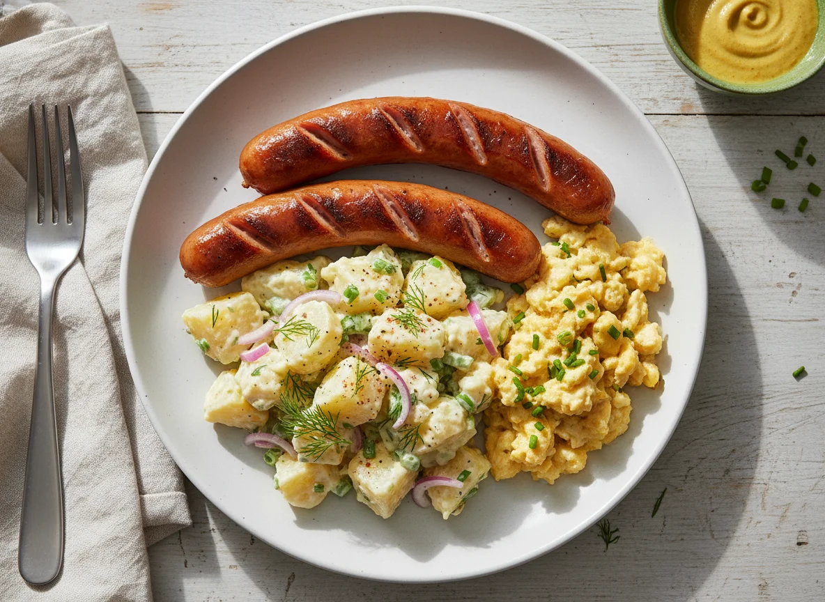 Bratwurst mit Kartoffelsalat und Rührei photo
