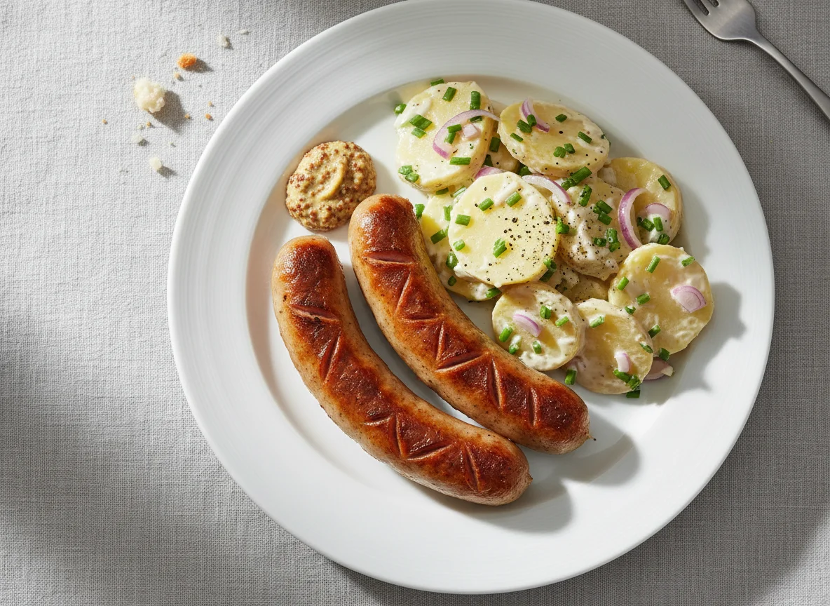 Bratwurst mit Kartoffelsalat und Senf photo