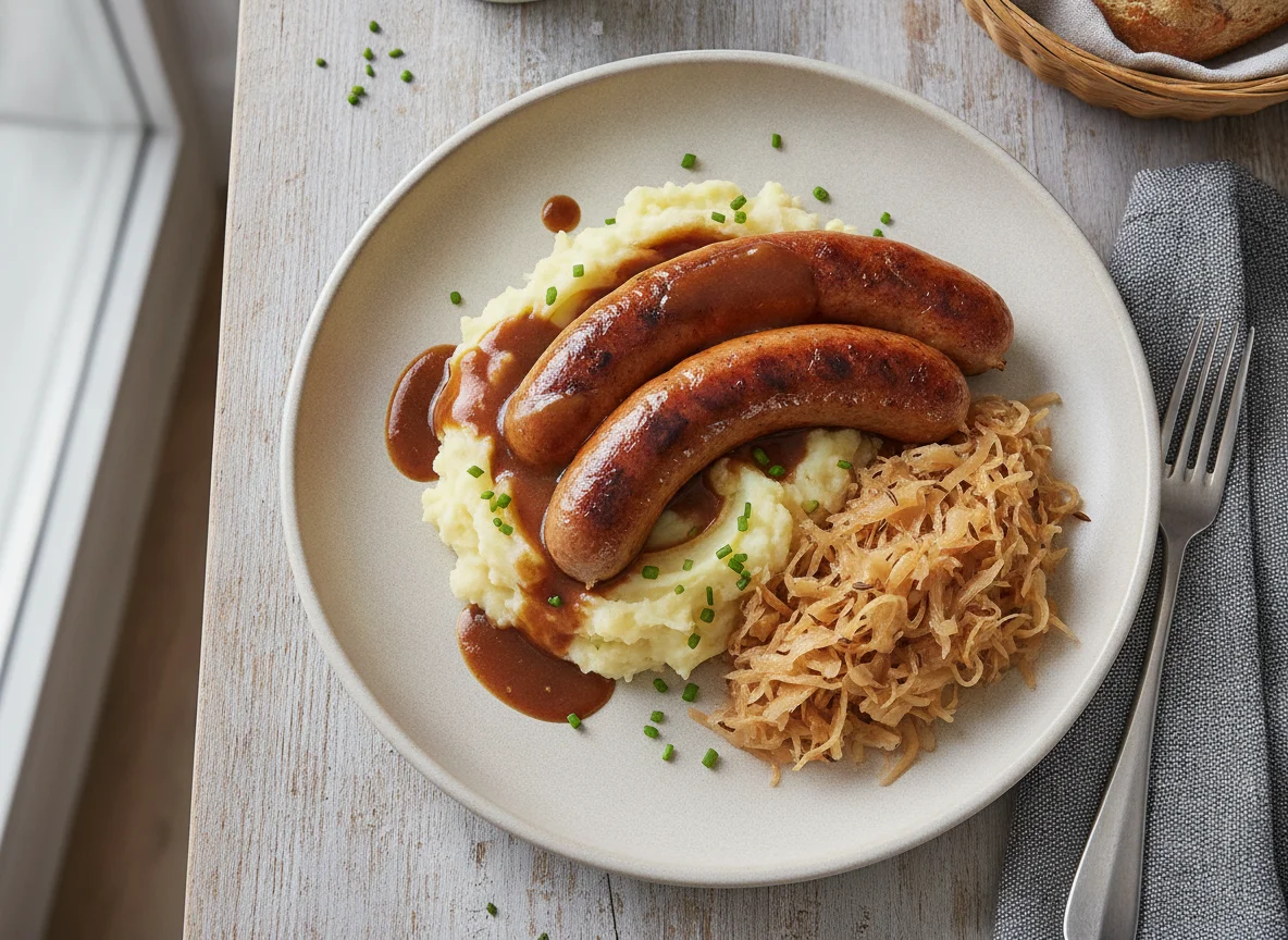 Bratwurst mit Kartoffelstampf, Sauerkraut und Bratensoße photo