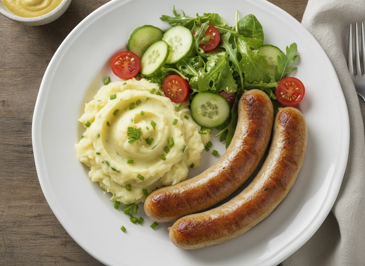 Bratwurst mit Kartoffelstampf und gemischtem Salat photo