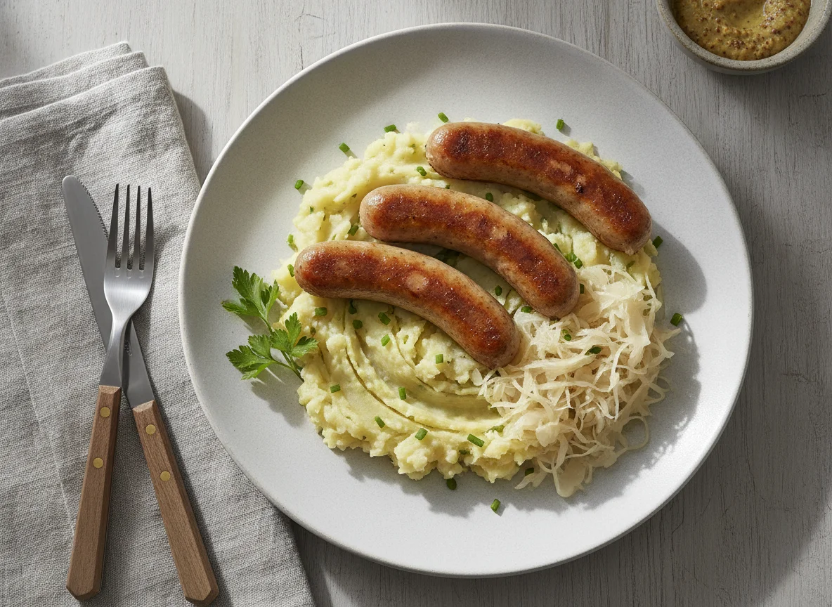 Bratwurst mit Kartoffelstampf und Sauerkraut photo
