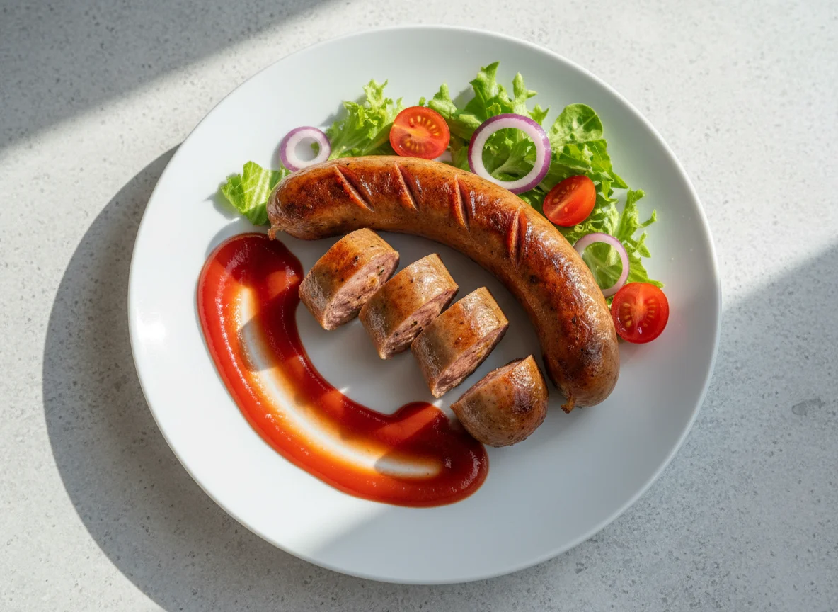 Bratwurst mit Ketchup und Salatresten photo