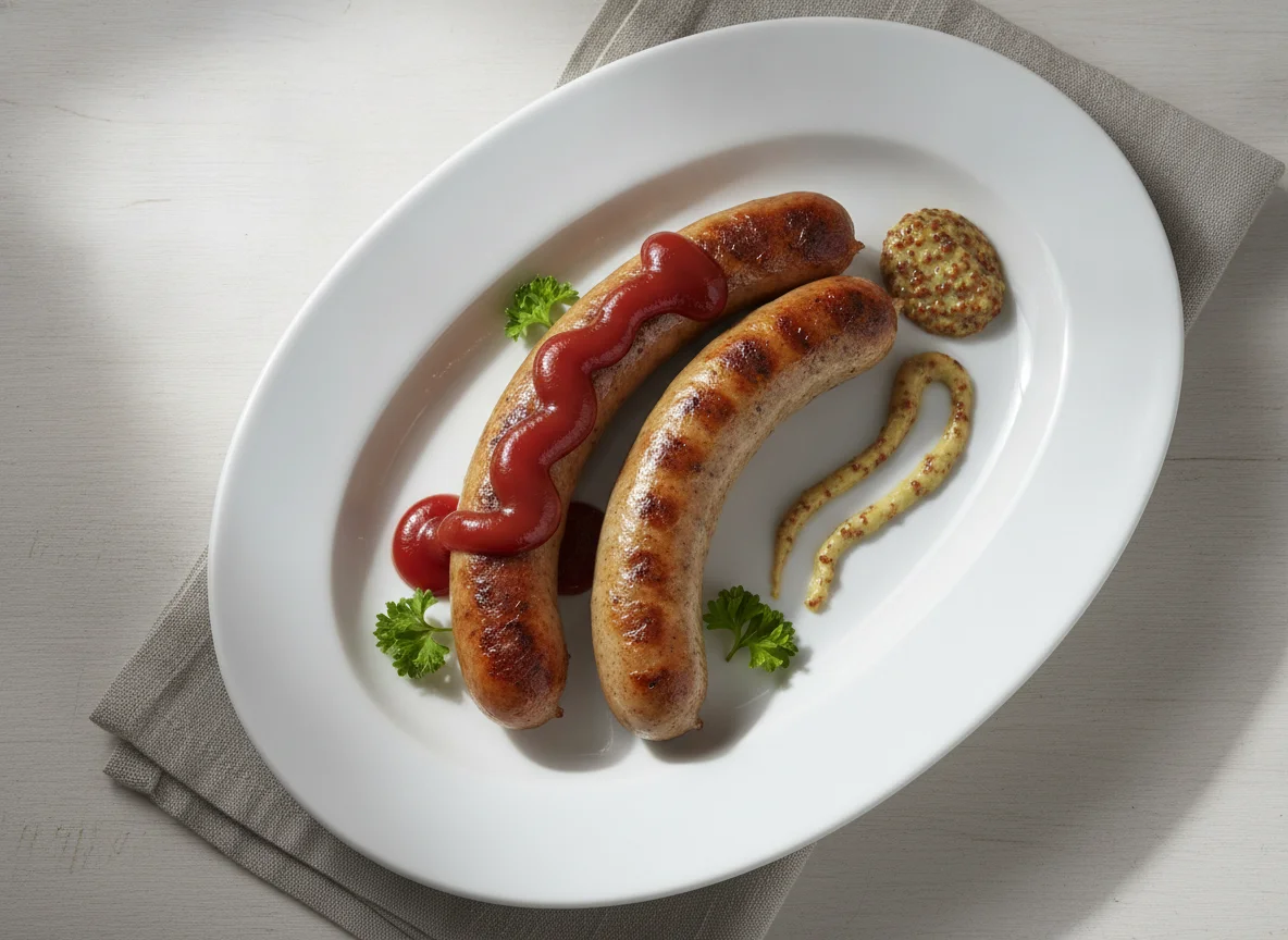Bratwurst mit Ketchup und Senf photo