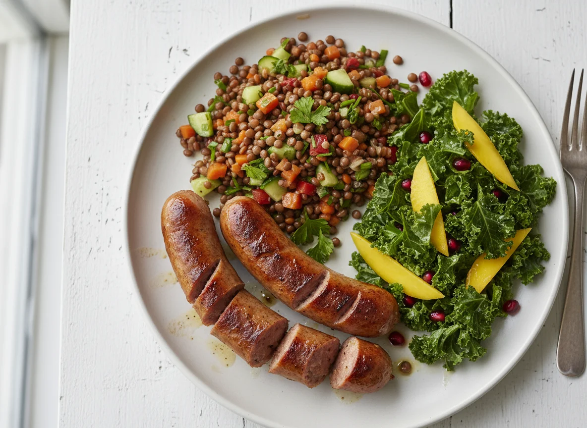 Bratwurst mit Linsensalat und Grünkohlsalat photo