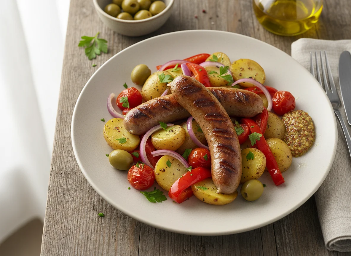 Bratwurst mit mediterranem Kartoffelgemüse photo