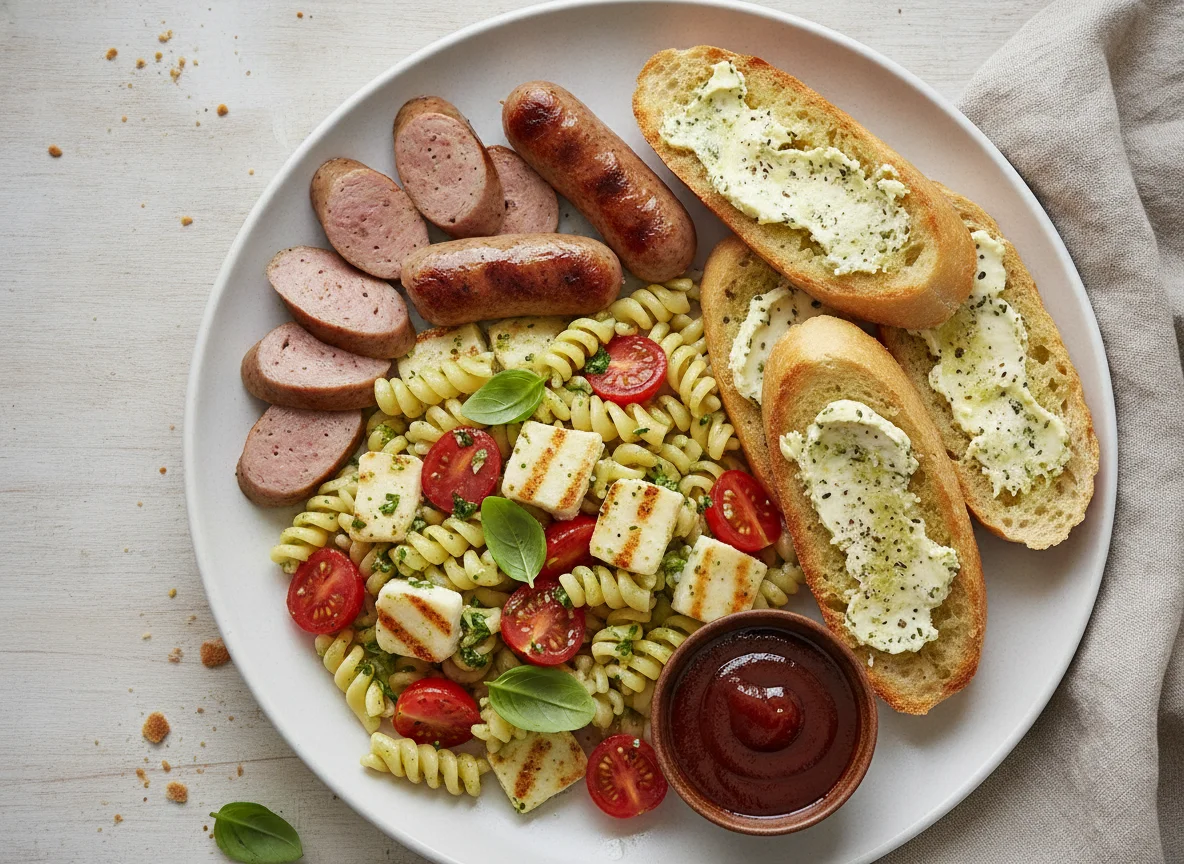 Bratwurst mit Nudelsalat und Kräuterbaguette photo