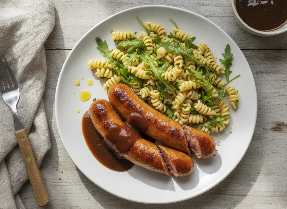 Bratwurst mit Nudelsalat und Sauce photo