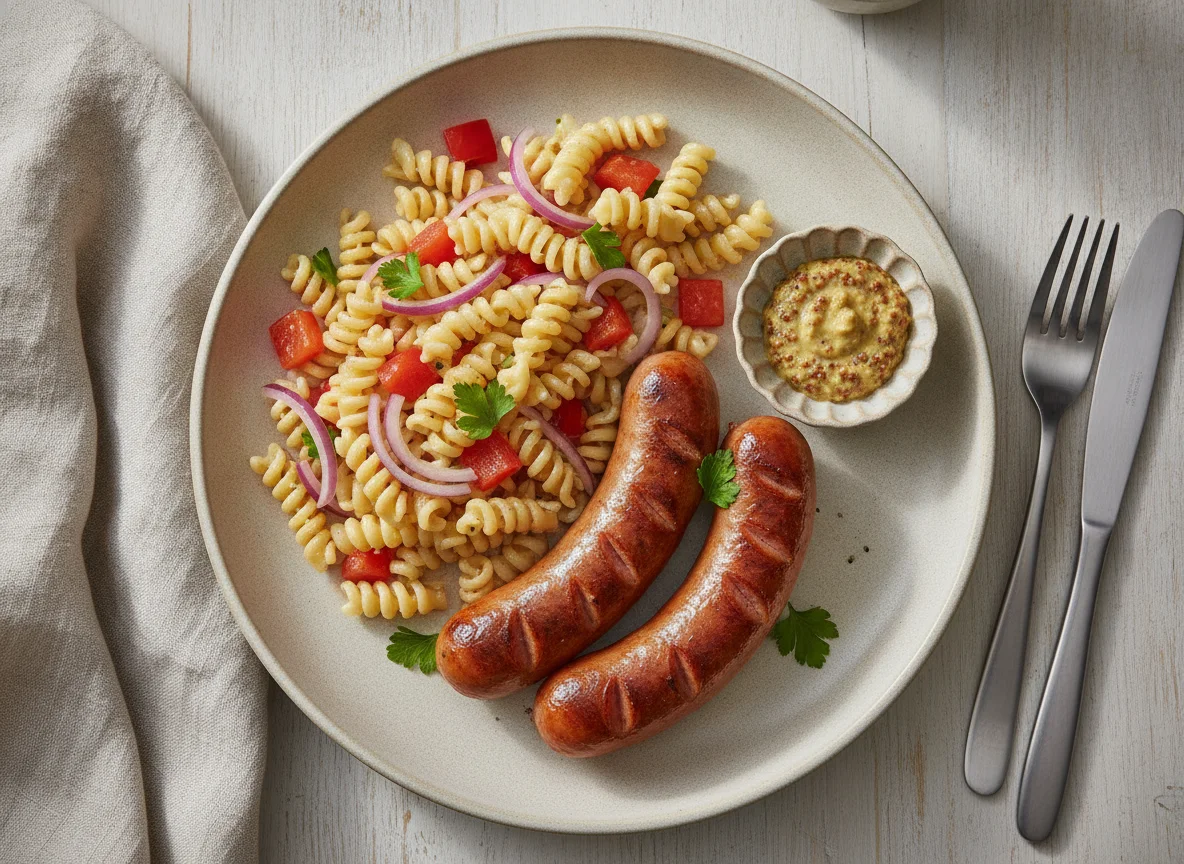Bratwurst mit Nudelsalat und Senf photo