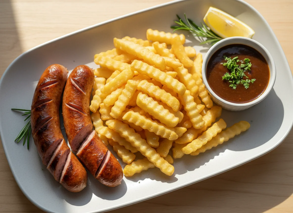 Bratwurst mit Pommes Frites und Sauce photo