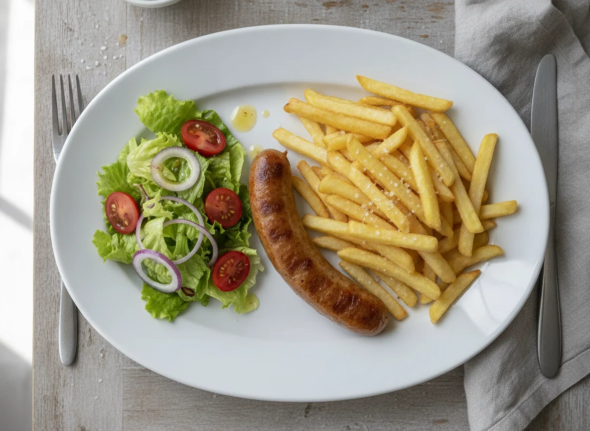 Bratwurst mit Pommes und Beilagensalat photo