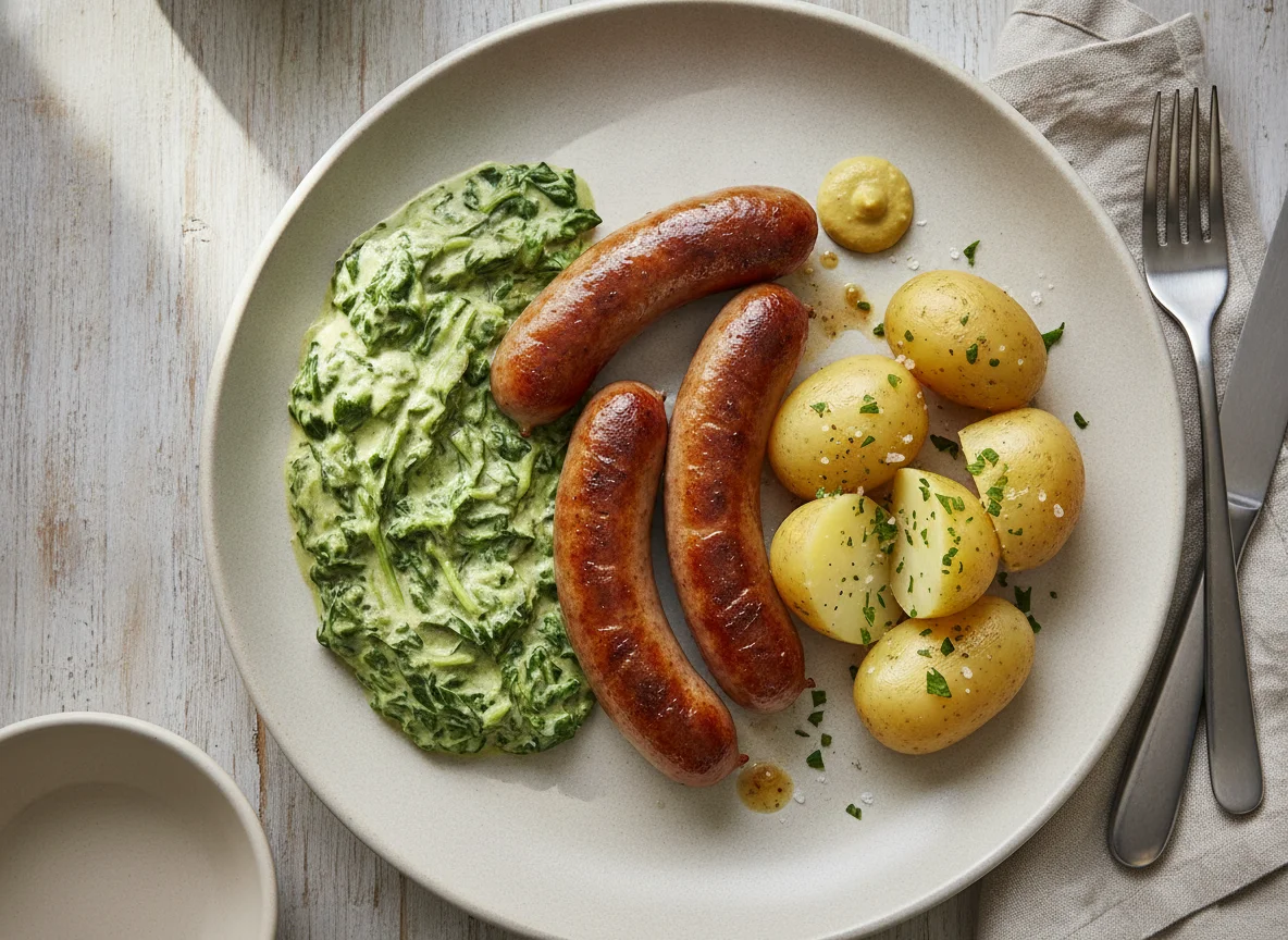 Bratwurst mit Rahmspinat und Salzkartoffeln photo