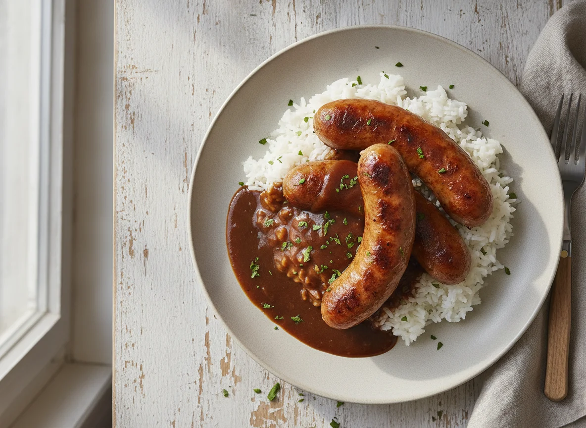 Bratwurst mit Reis und Sauce photo