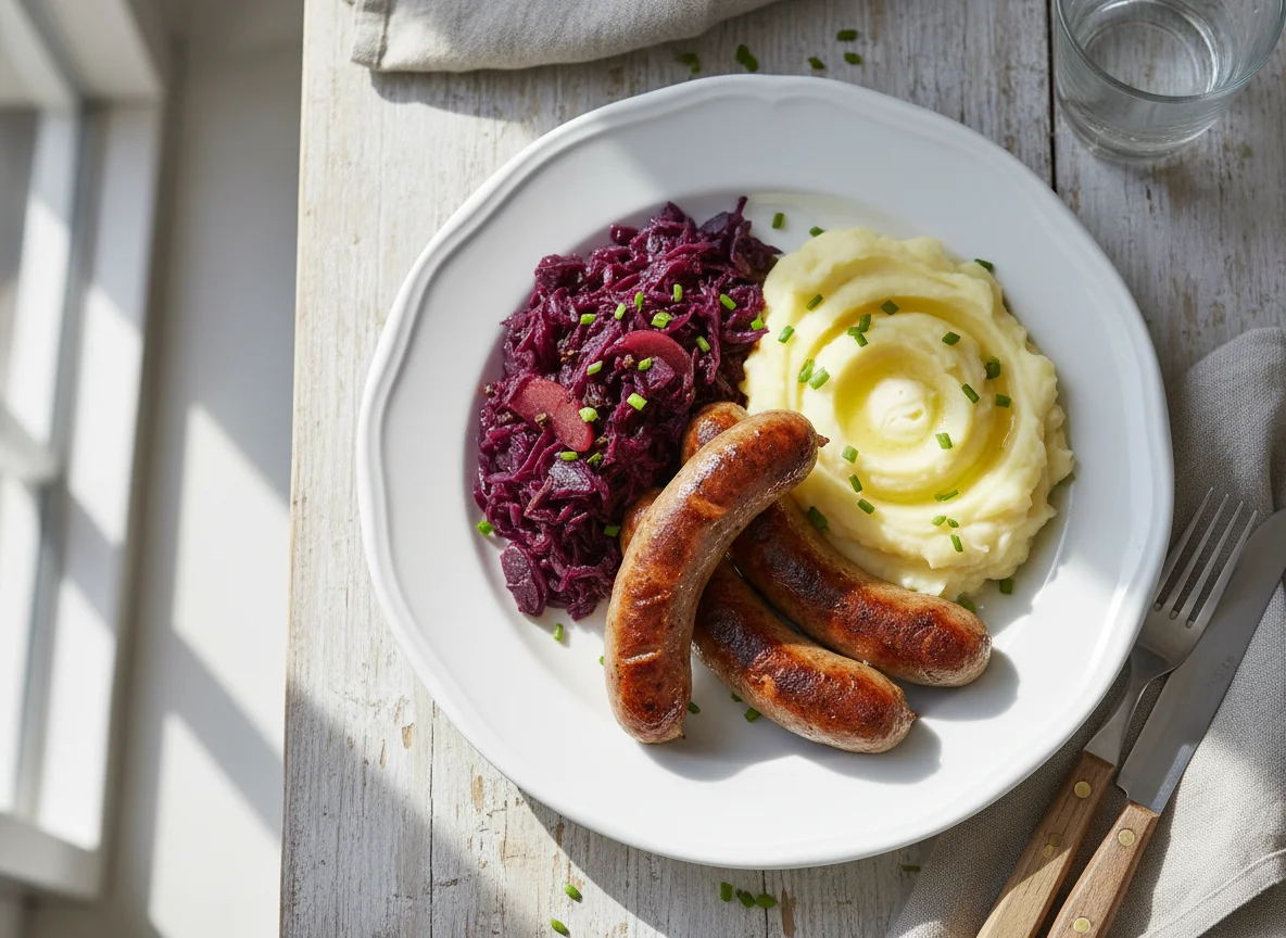 Bratwurst mit Rotkohl und Kartoffelbrei photo