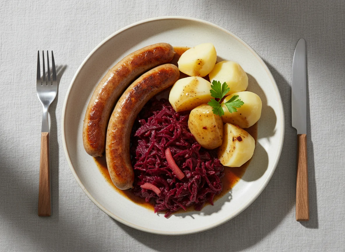 Bratwurst mit Rotkohl und Kartoffeln photo