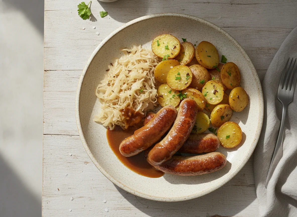Bratwurst mit Salzkartoffeln, Sauerkraut und Bratensoße photo