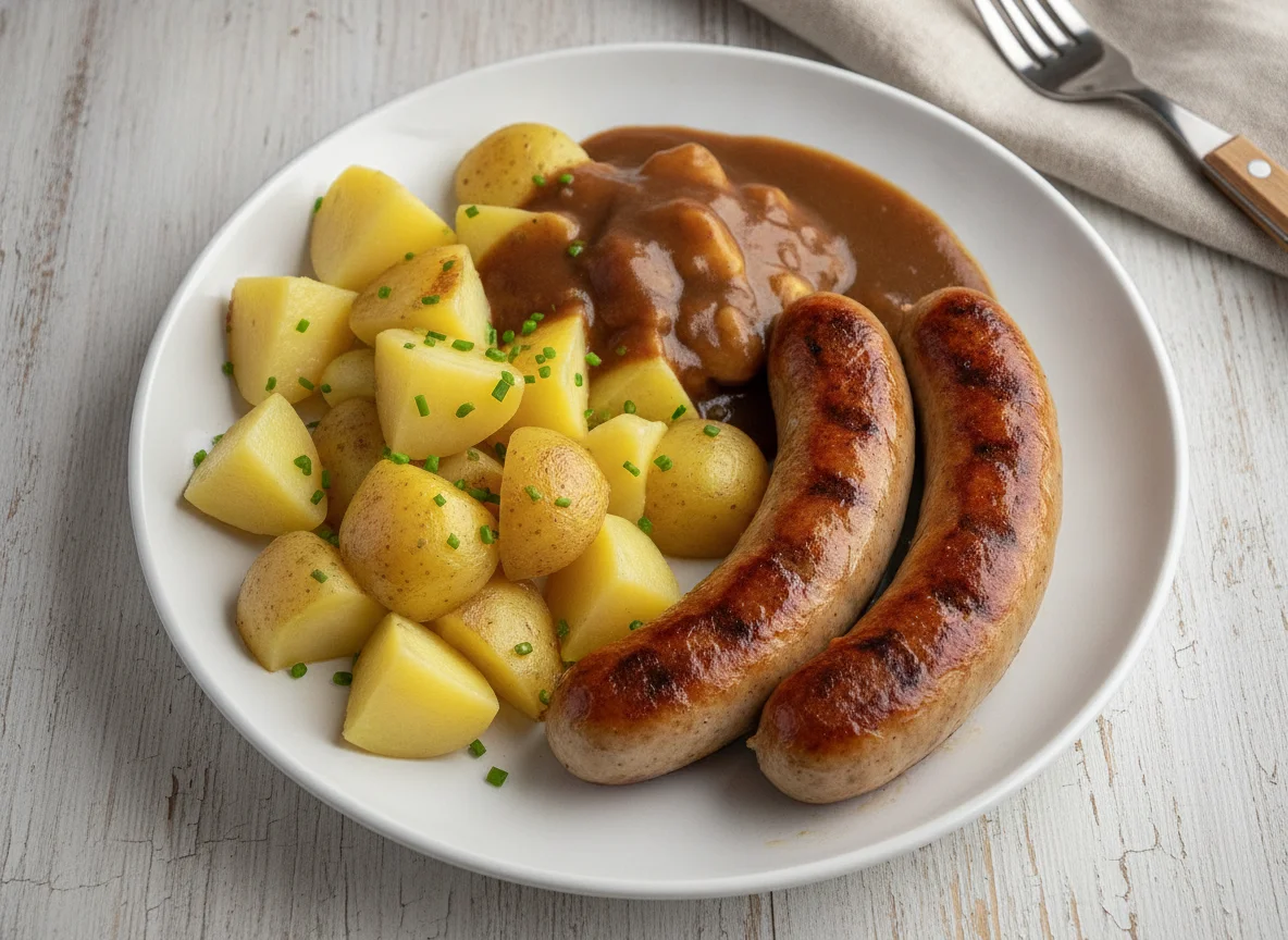 Bratwurst mit Salzkartoffeln und Bratensoße photo