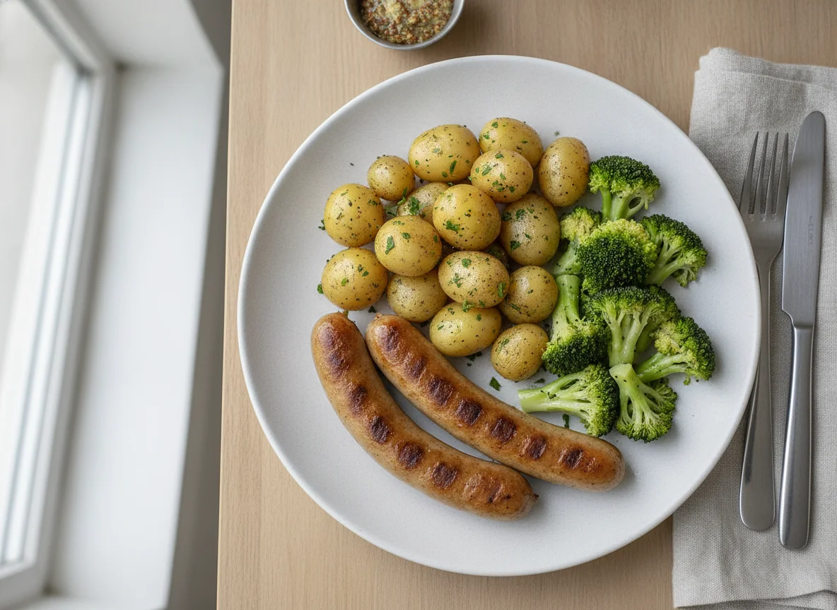 Bratwurst mit Salzkartoffeln und Brokkoli photo