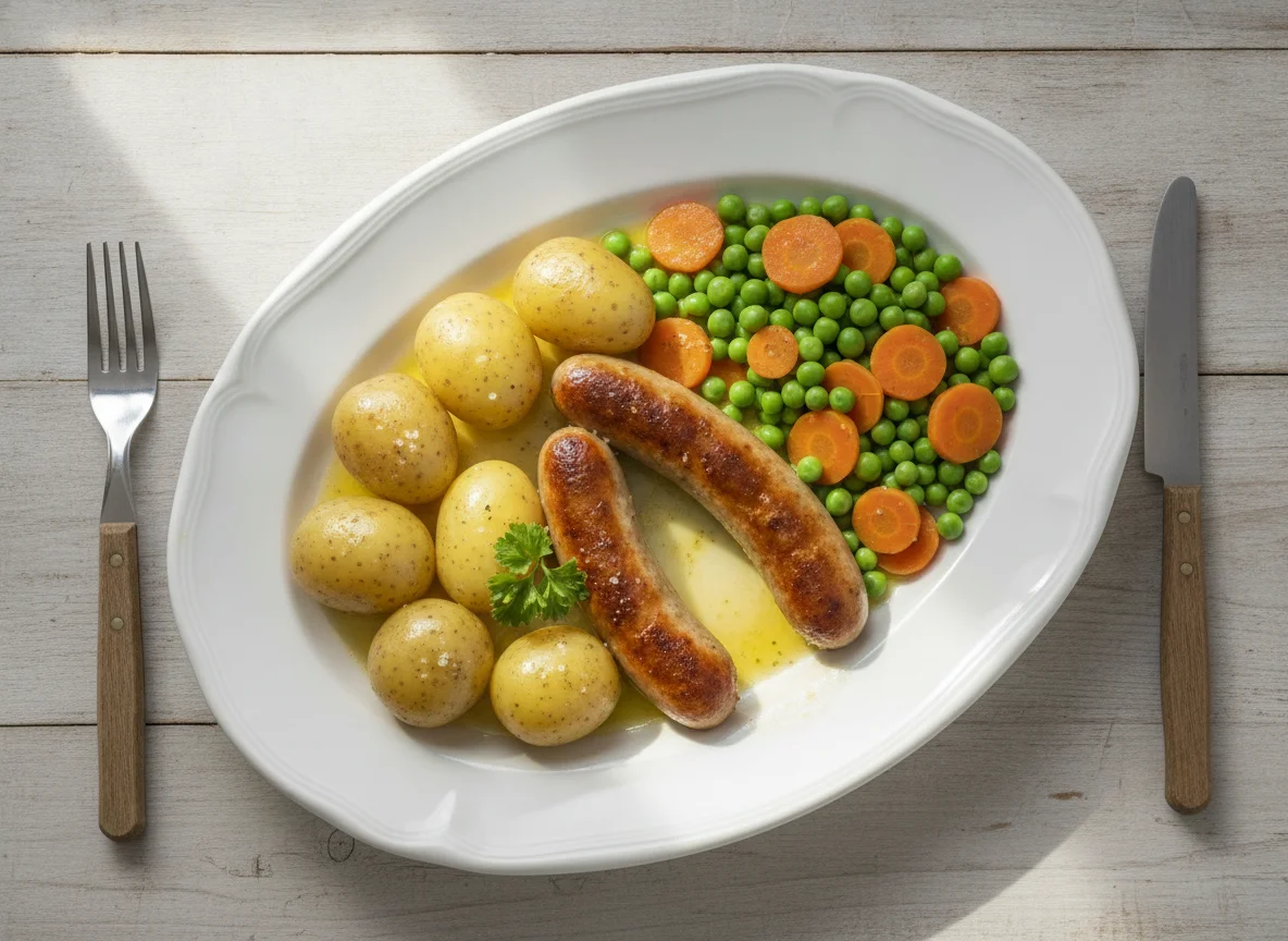 Bratwurst mit Salzkartoffeln und Erbsen-Möhren-Gemüse photo