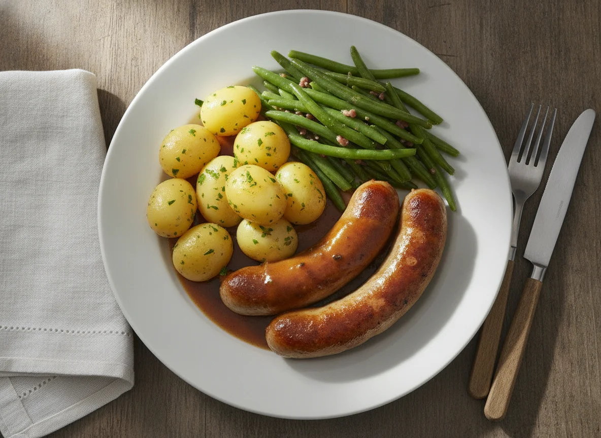 Bratwurst mit Salzkartoffeln und grünen Bohnen photo