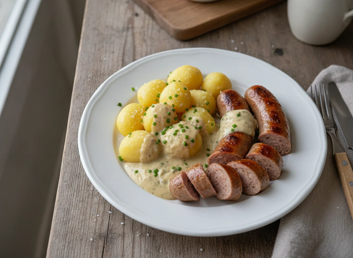 Bratwurst mit Salzkartoffeln und heller Soße photo
