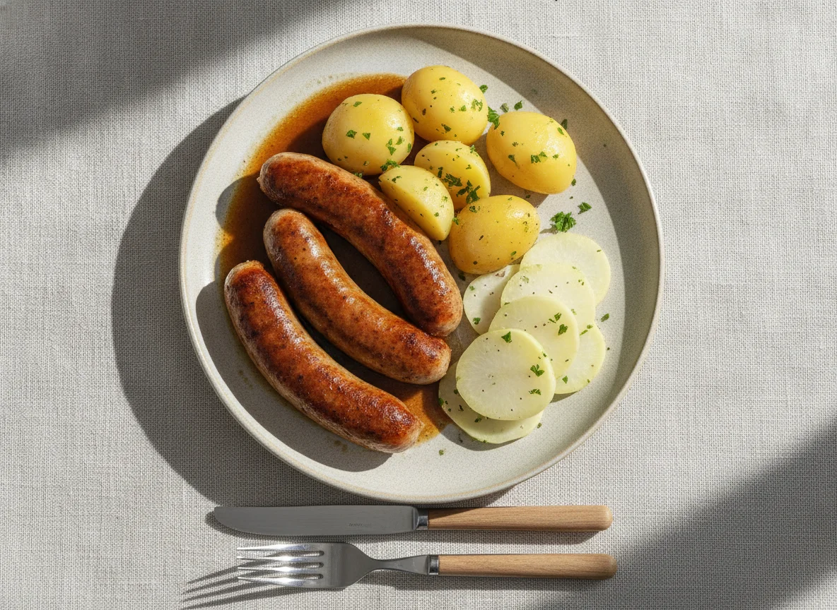 Bratwurst mit Salzkartoffeln und Kohlrabi photo