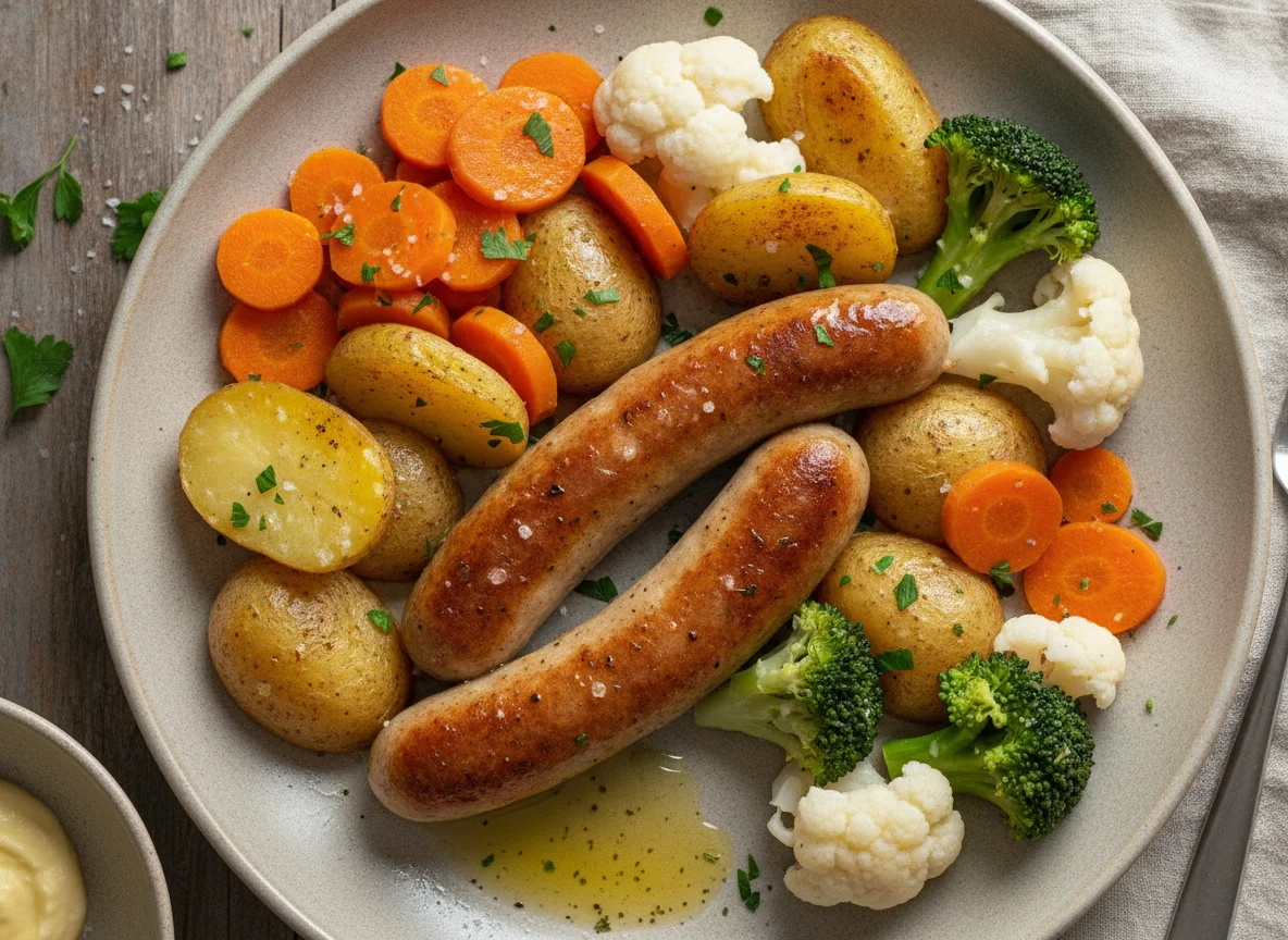 Bratwurst mit Salzkartoffeln und Mischgemüse photo