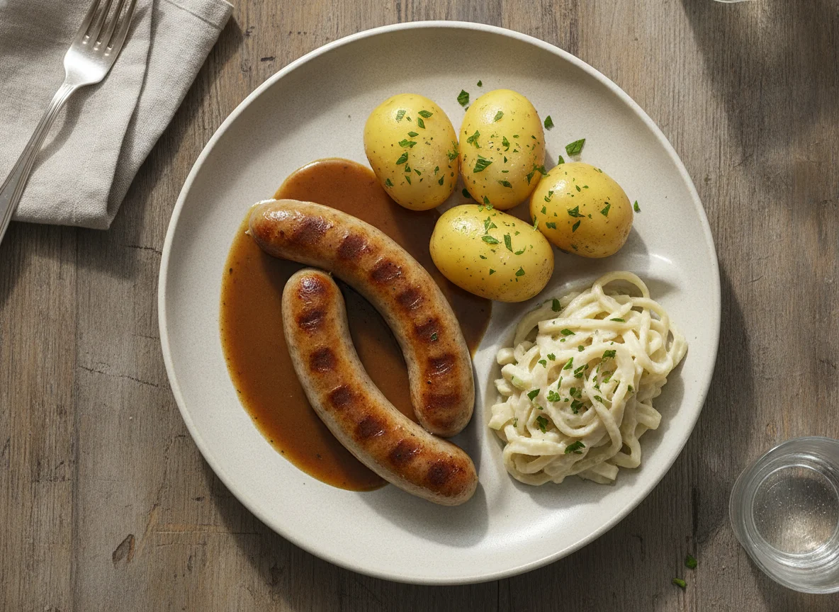 Bratwurst mit Salzkartoffeln und Rahmgemüse photo