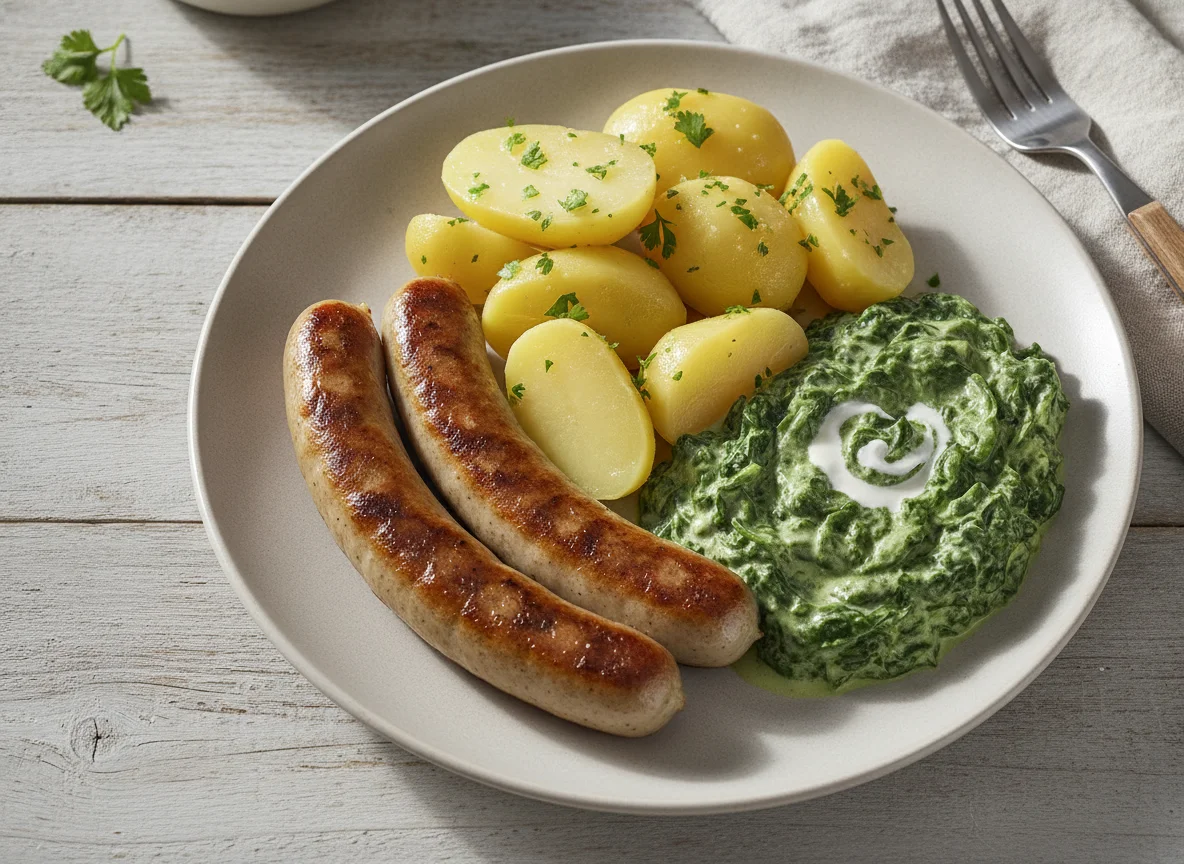 Bratwurst mit Salzkartoffeln und Rahmspinat photo