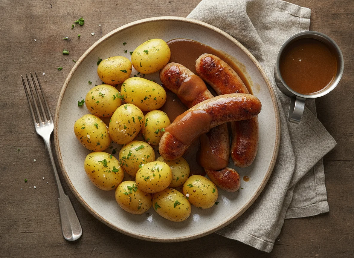 Bratwurst mit Salzkartoffeln und Sauce photo