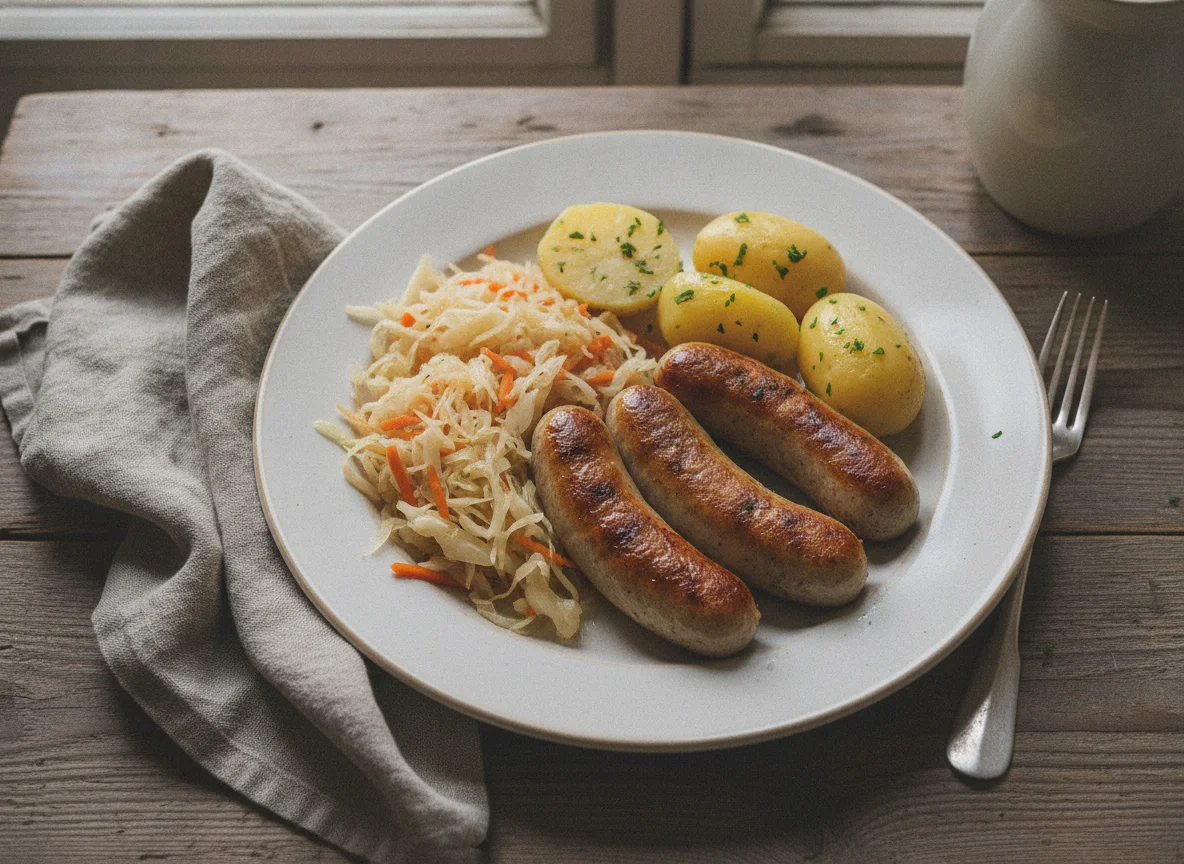 Bratwurst mit Salzkartoffeln und Sauerkraut photo