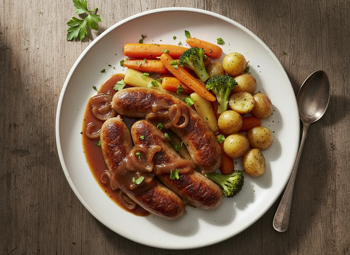 Bratwurst mit Sauce und Gemüse photo
