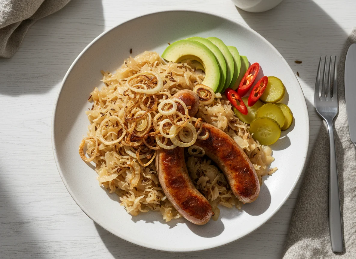 Bratwurst mit Sauerkraut und Beilagen photo