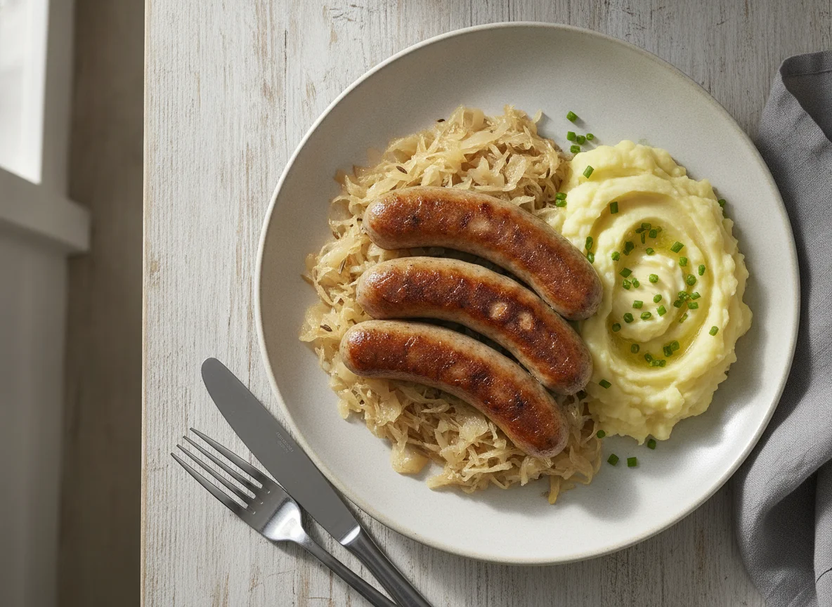 Bratwurst mit Sauerkraut und Kartoffelstampf photo