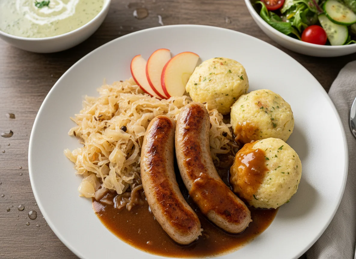 Bratwurst mit Sauerkraut und Knödel photo