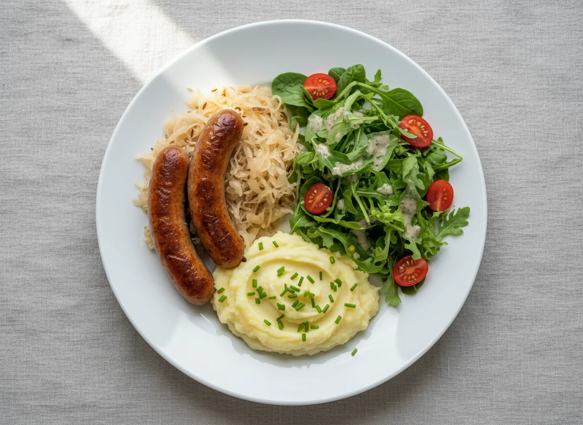 Bratwurst mit Sauerkraut und Salat photo
