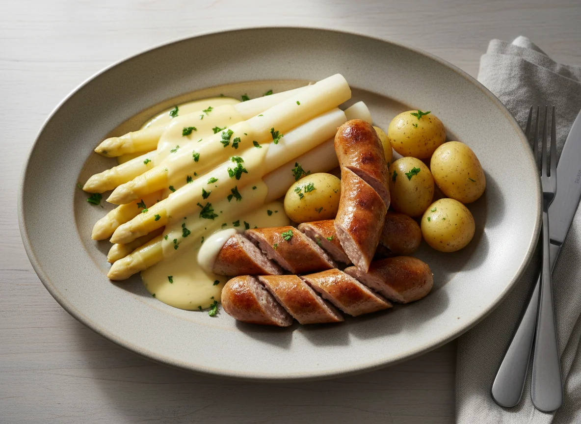 Bratwurst mit Spargel, Kartoffeln und Sauce Hollandaise photo