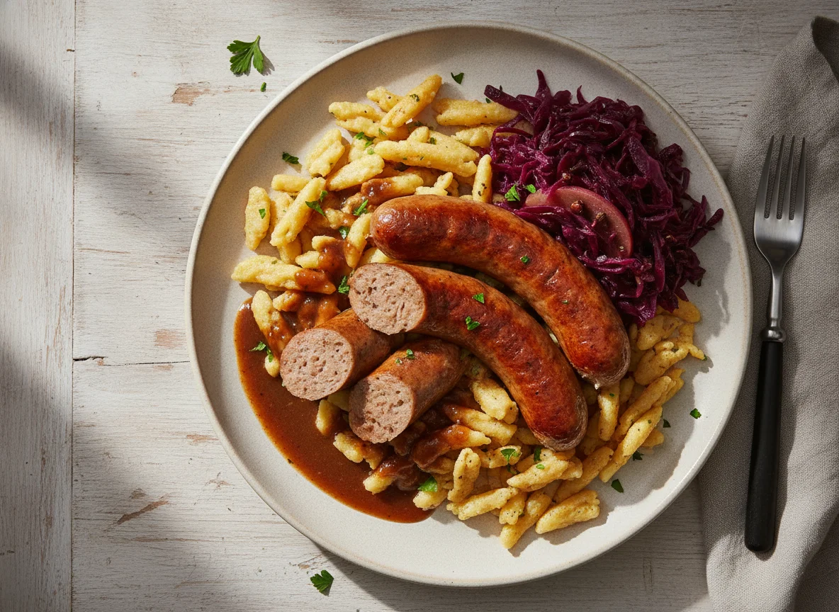 Bratwurst mit Spätzle, Rotkohl und Bratensoße photo