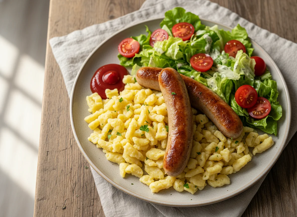 Bratwurst mit Spätzle und Salat photo