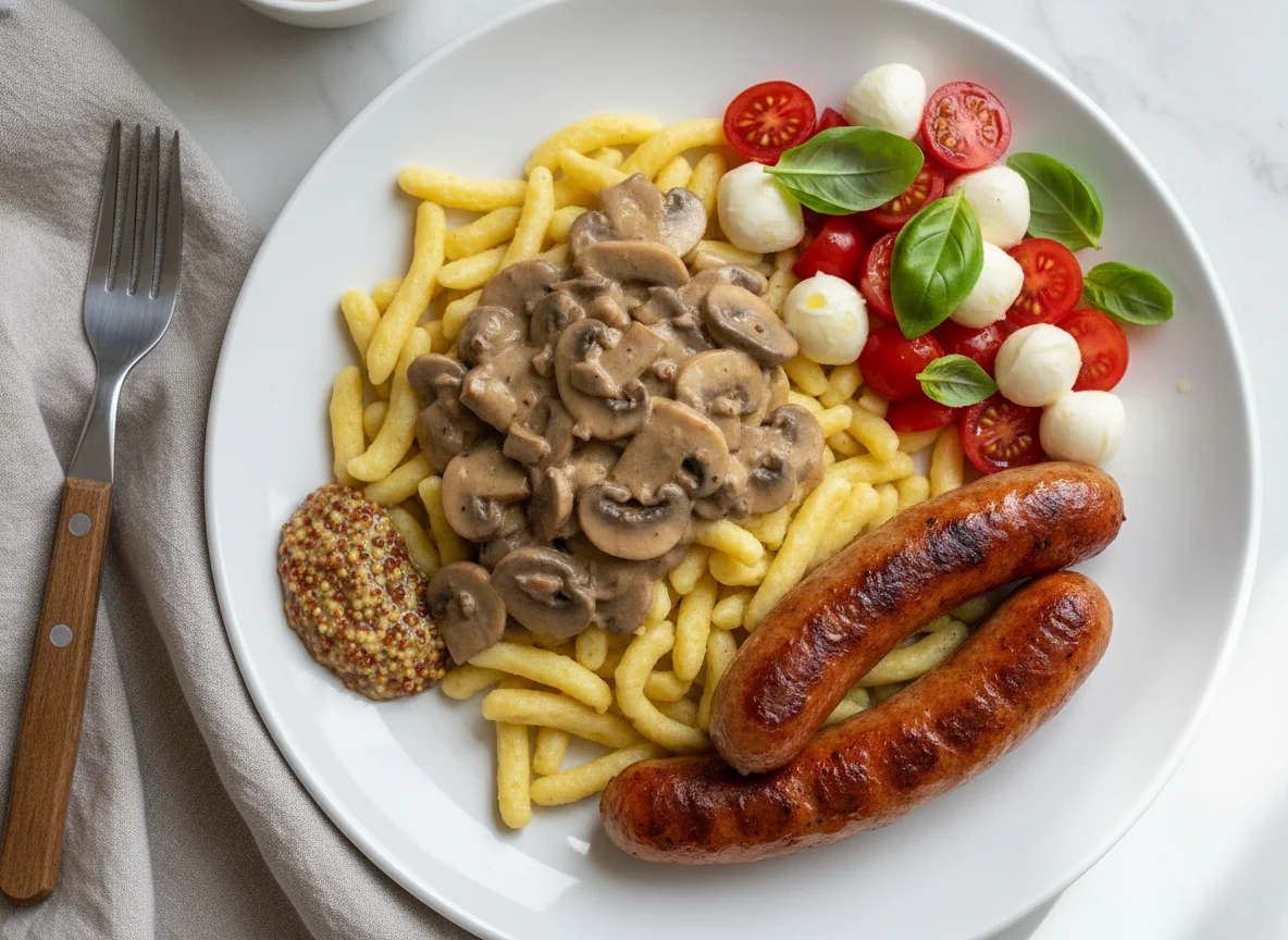 Bratwurst mit Spätzle und Tomaten-Mozzarella-Salat photo