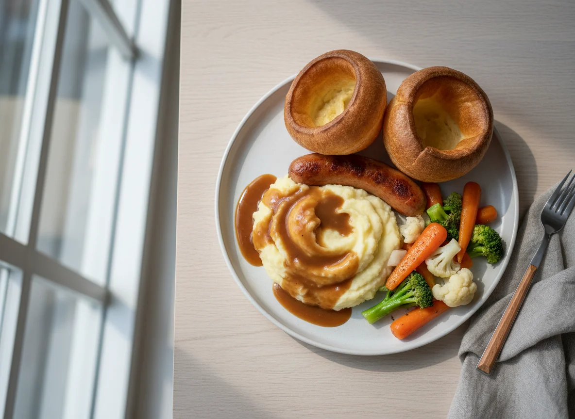 Bratwurst mit Yorkshire Pudding, Kartoffelbrei, Gemüse und Soße photo