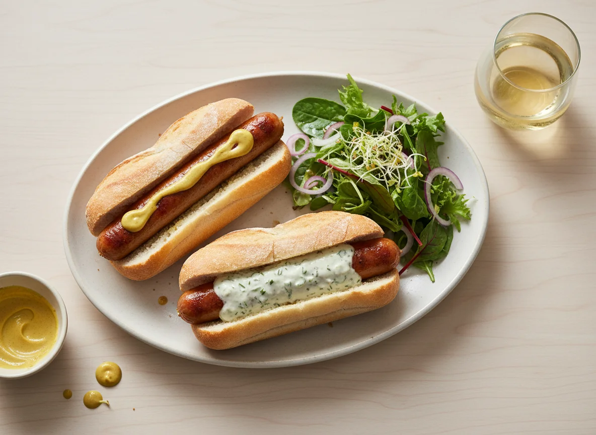 Bratwurstbrötchen mit Salat und Wein photo