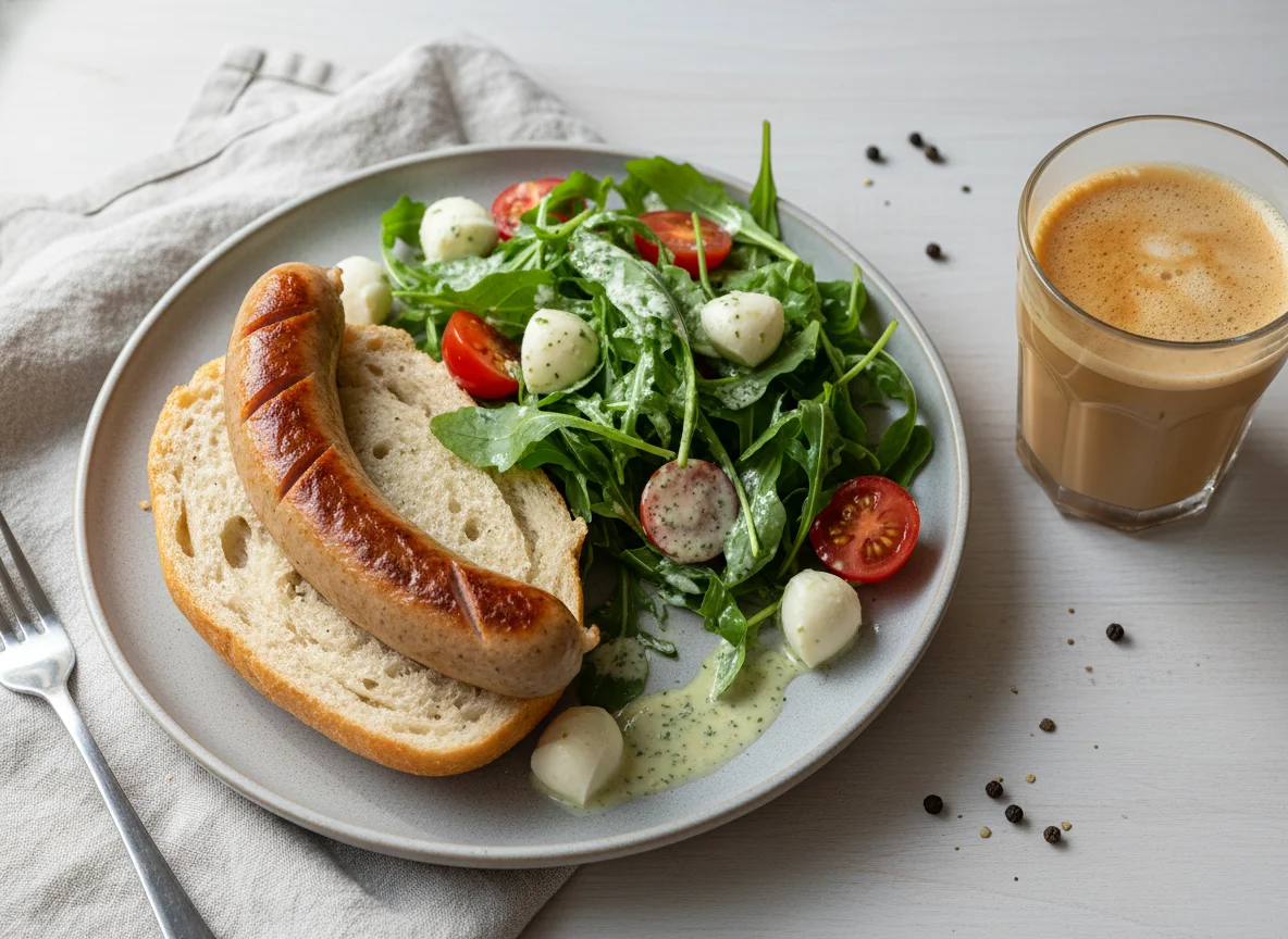 Bratwurstsemmel mit Salat photo