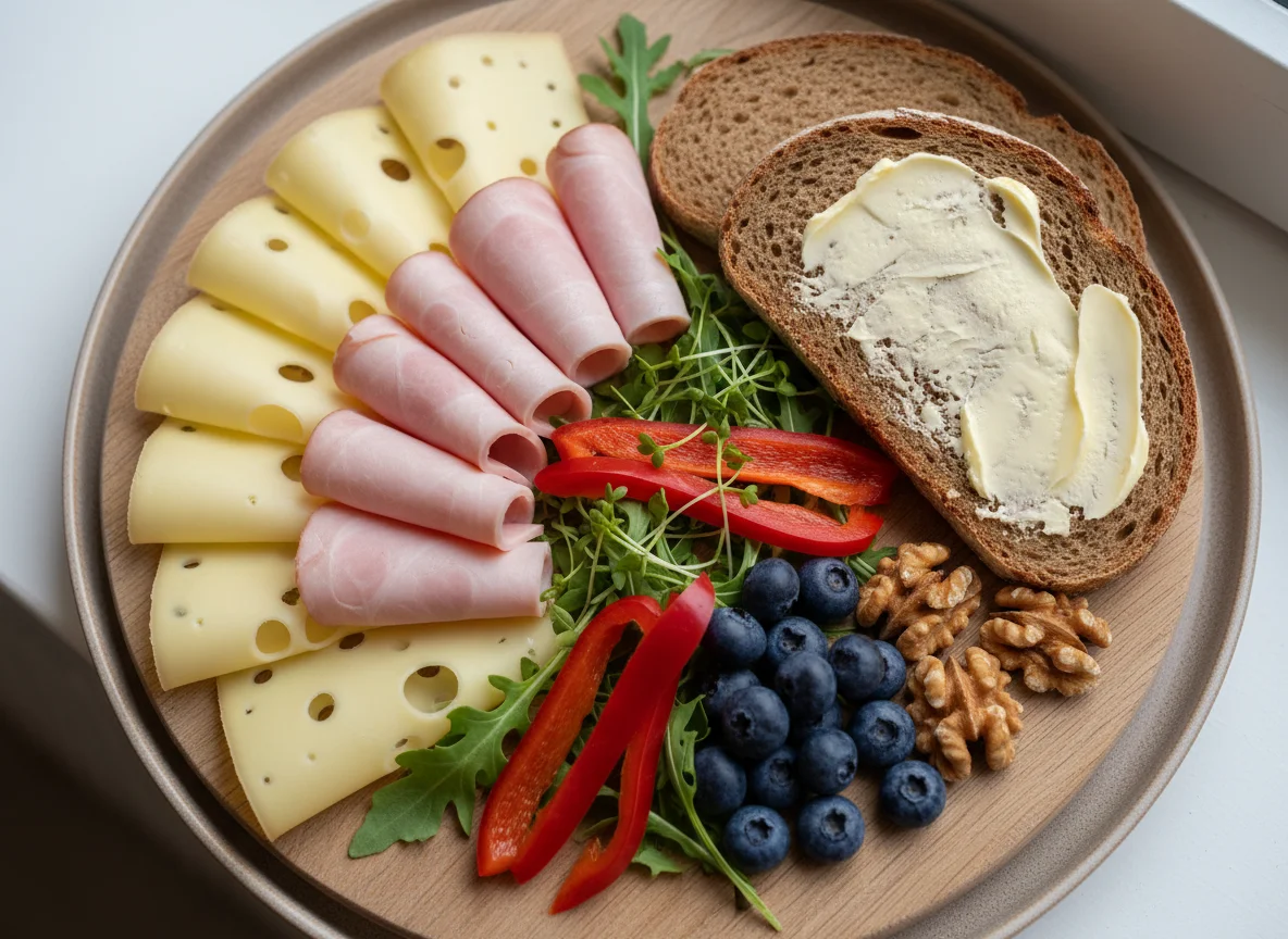 Brettljause mit Käse, Schinken und Brot photo