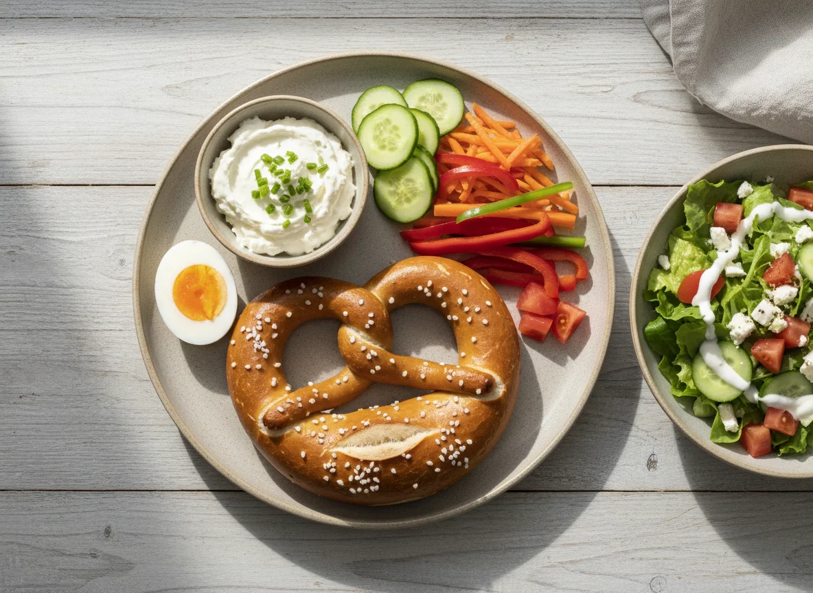 Brezel mit Beilagen und Salat photo