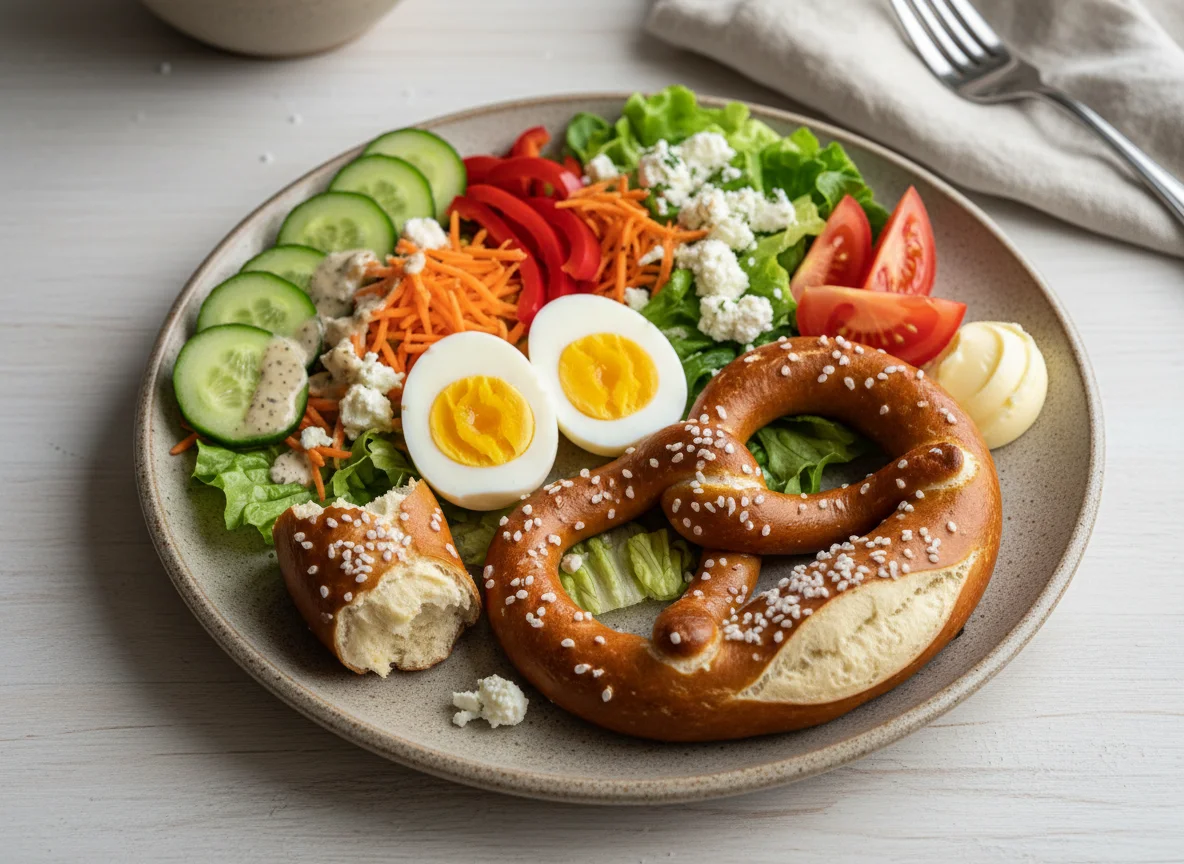 Brezel mit Ei, Gemüse und Salat photo
