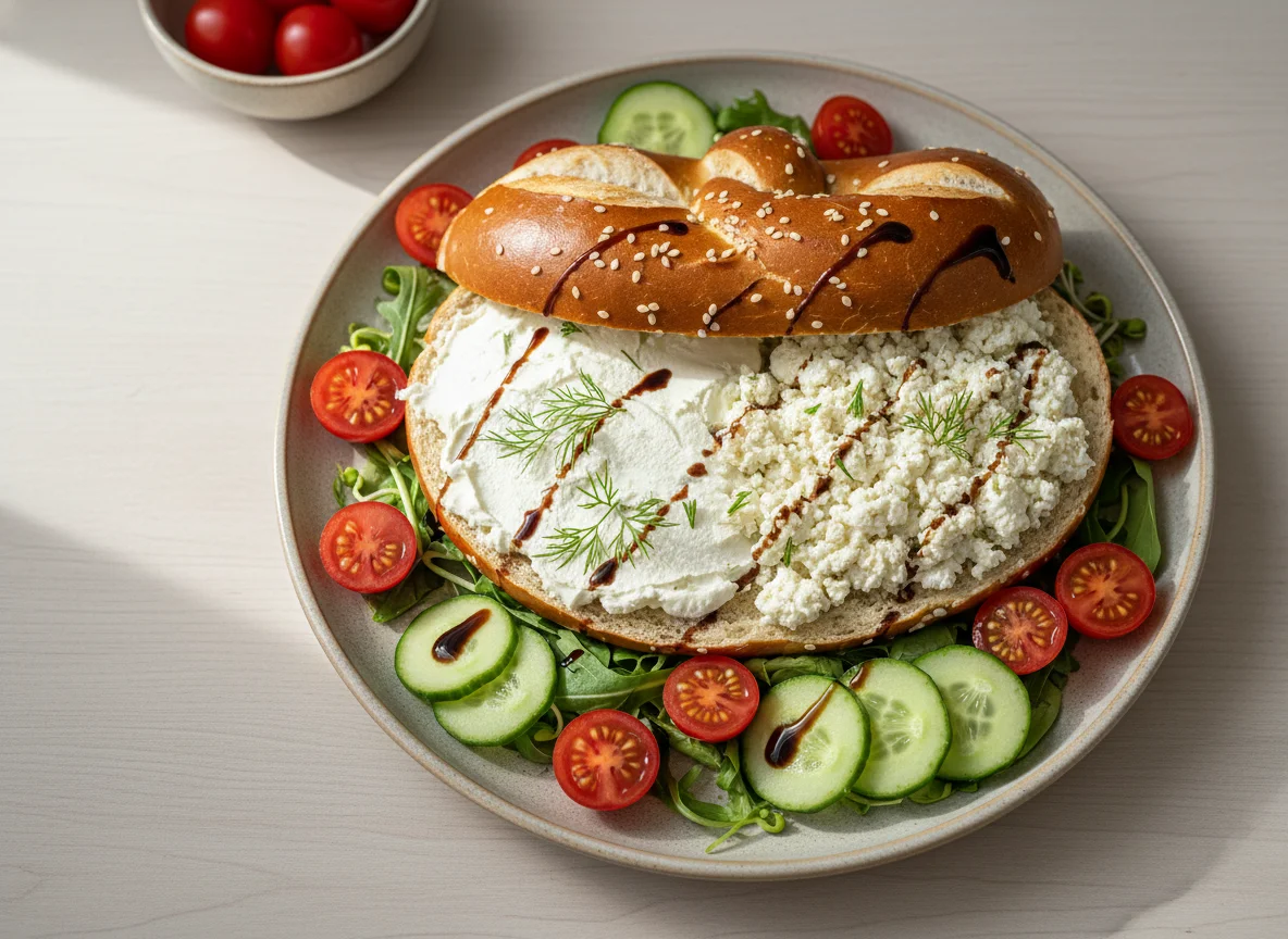 Brezel mit Frischkäse, Hüttenkäse und Salat photo
