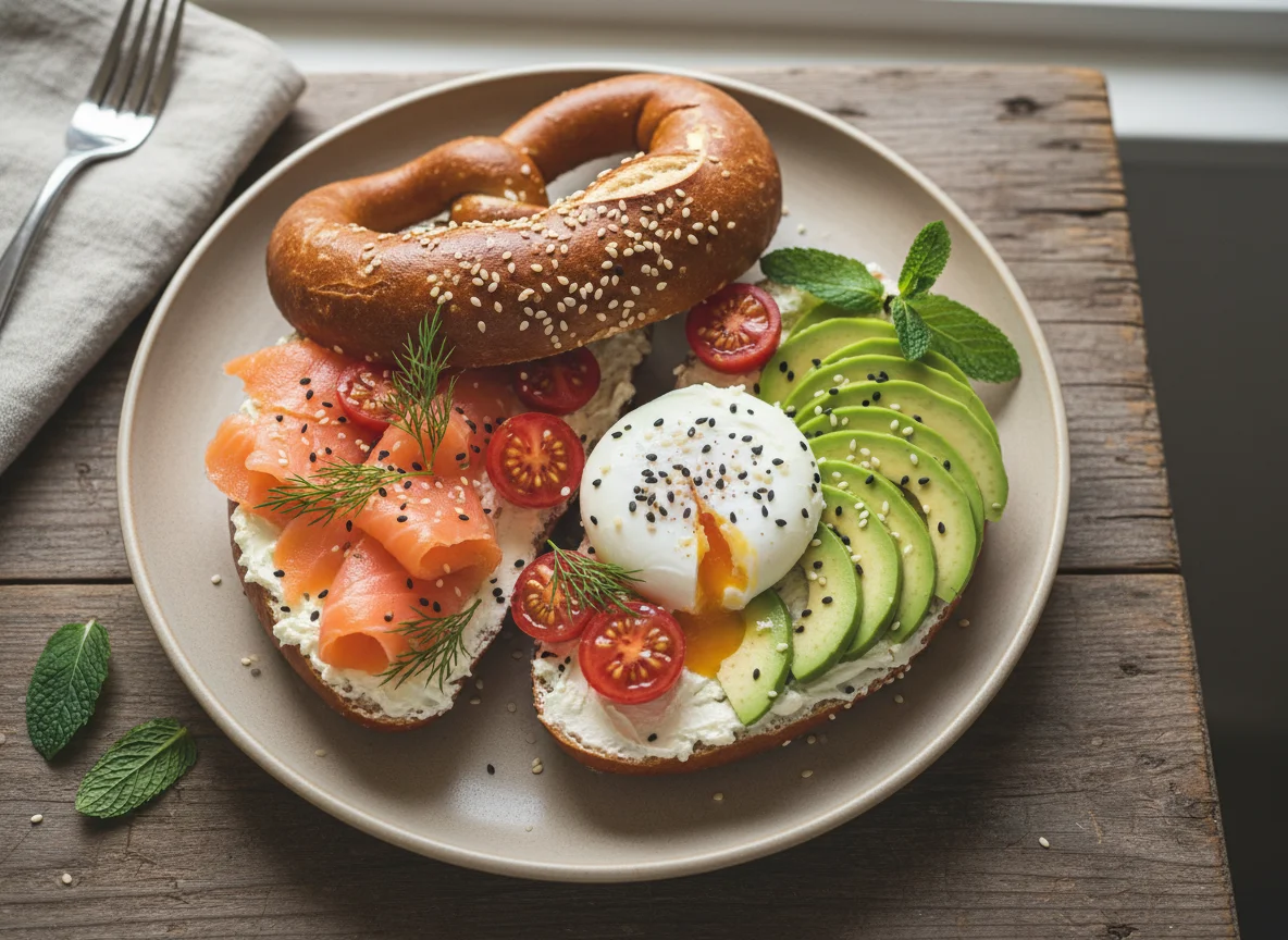 Brezel mit Lachs, pochiertem Ei und Avocado photo