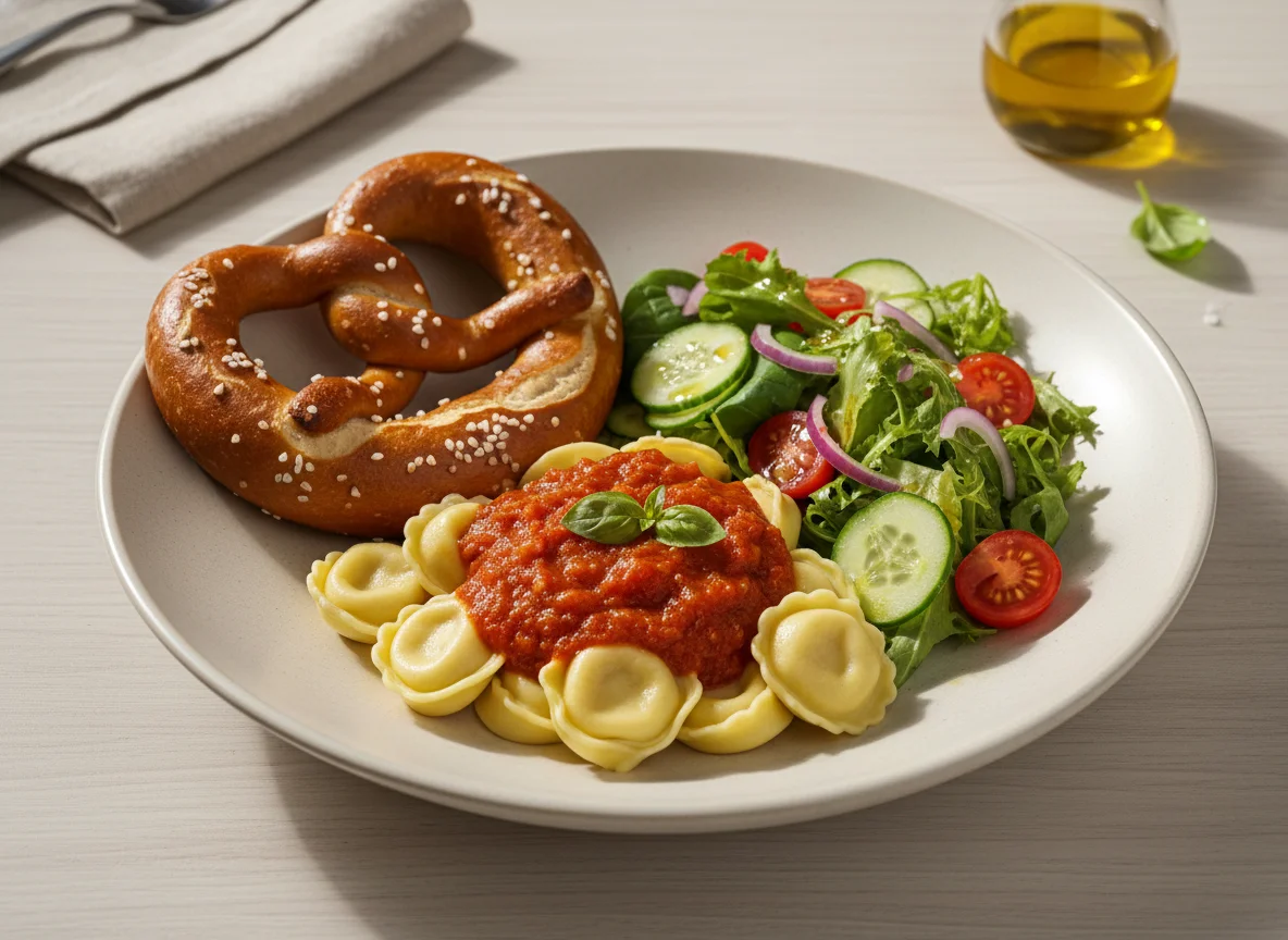 Brezel mit Tortellini und Salat photo