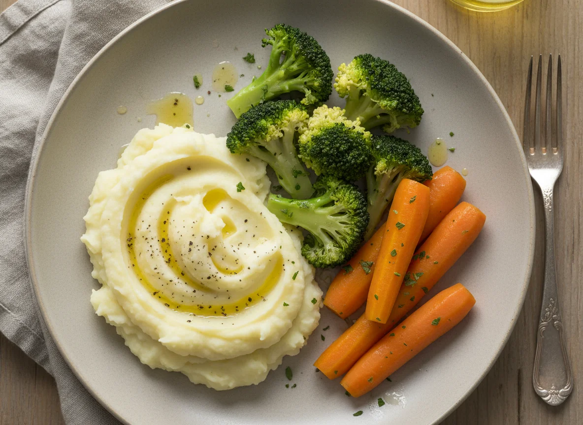 Brokkoli, Karotten und Kartoffelpüree photo